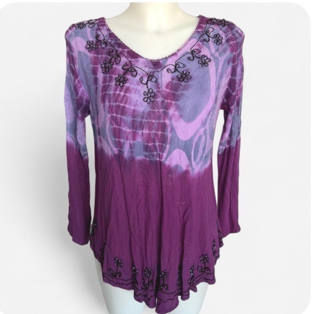 Whimsigoth Tie Dye Gypsy Embroidered Festival Top Purple Boho GreaterGood S/M